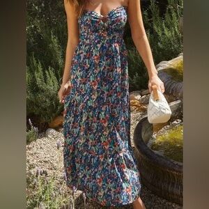 VICI navy and floral strapless dress